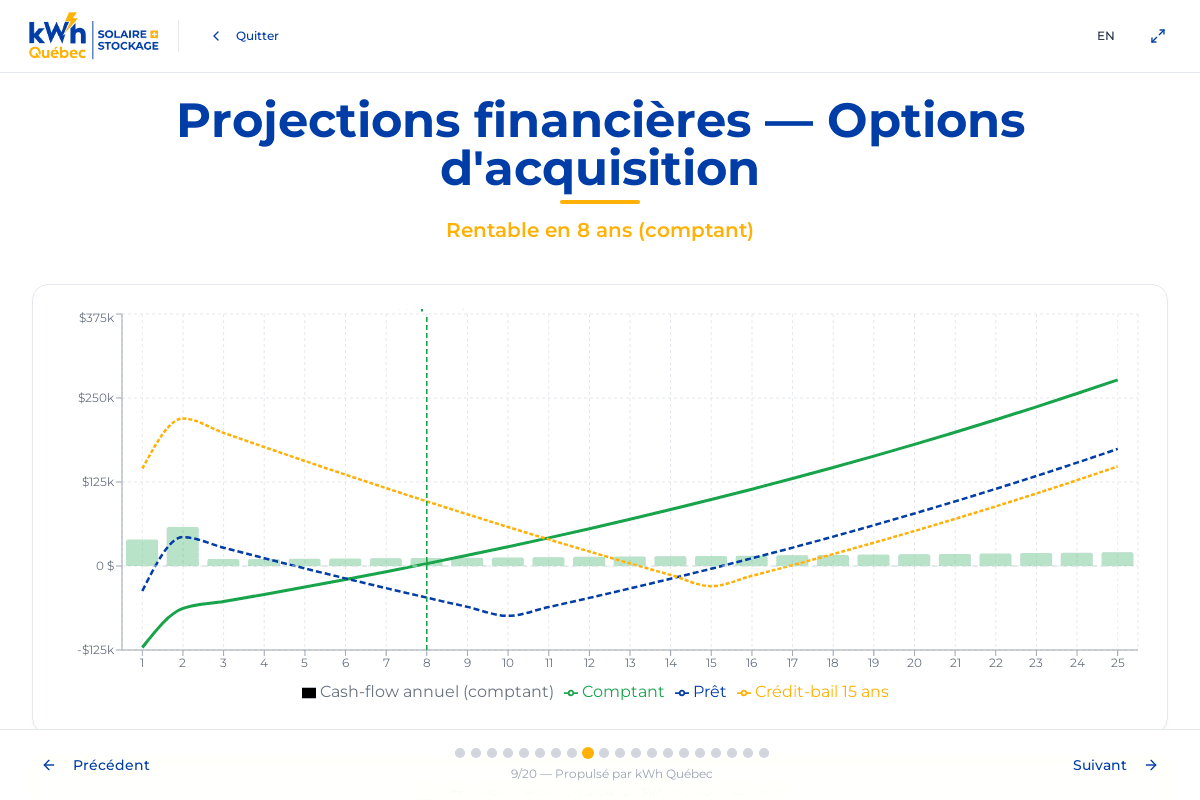 Projections financières sur 25 ans avec options d'acquisition comptant, prêt et crédit-bail – DEMO Auto Prestige